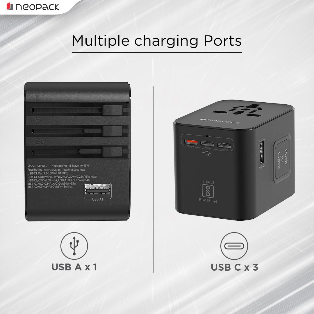 World Traveller Plus Adapter 45W with India Plug Compatible Sockets, 3 X USB-C PD + 1 X USB A Port, All in One Worldwide for USA, EU, UK, AUS (Black)