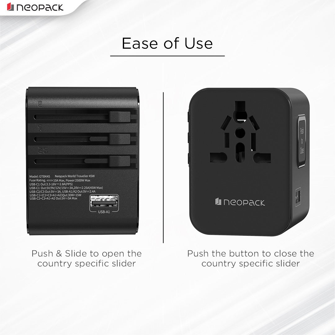 World Traveller Plus Adapter 45W with India Plug Compatible Sockets, 3 X USB-C PD + 1 X USB A Port, All in One Worldwide for USA, EU, UK, AUS (Black)