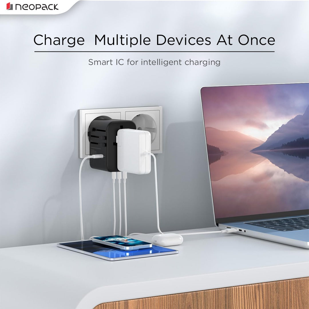 World Traveller Plus Adapter 45W with India Plug Compatible Sockets, 3 X USB-C PD + 1 X USB A Port, All in One Worldwide for USA, EU, UK, AUS (Black)