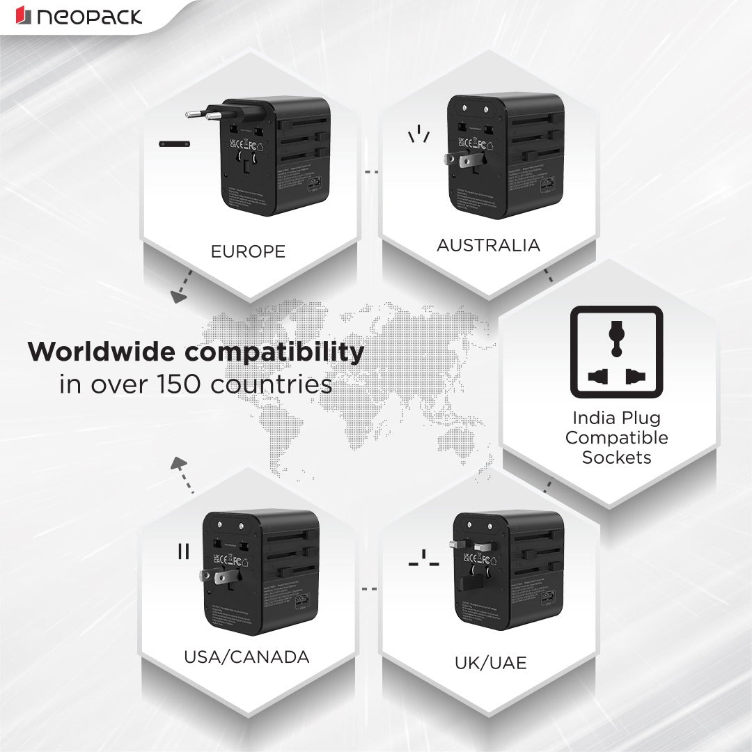 World Traveller Plus Adapter 45W with India Plug Compatible Sockets, 3 X USB-C PD + 1 X USB A Port, All in One Worldwide for USA, EU, UK, AUS (Black)