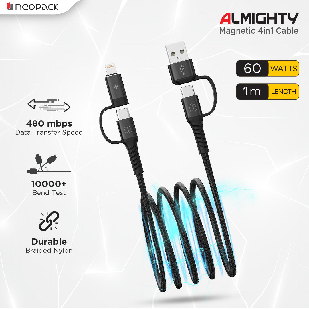 Almighty Magnetic Cable with 4 IN 1 Connectors 60W for Smartphones, Tablets, Macbooks, Laptops & More (1.5M, Black)