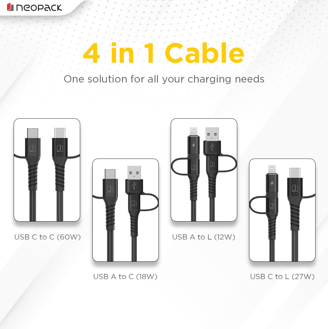 Almighty Magnetic Cable with 4 IN 1 Connectors 60W for Smartphones, Tablets, Macbooks, Laptops & More (1.5M, Black)