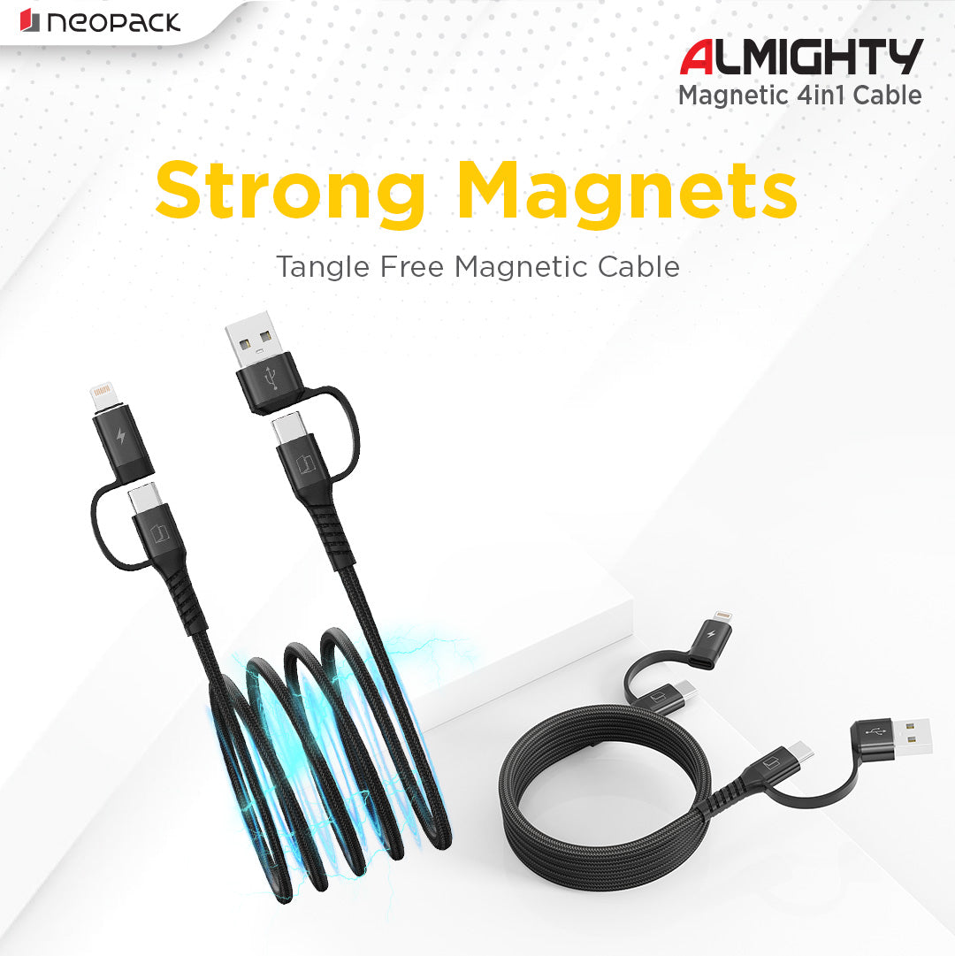 Almighty Magnetic Cable with 4 IN 1 Connectors 60W for Smartphones, Tablets, Macbooks, Laptops & More (1.5M, Black)