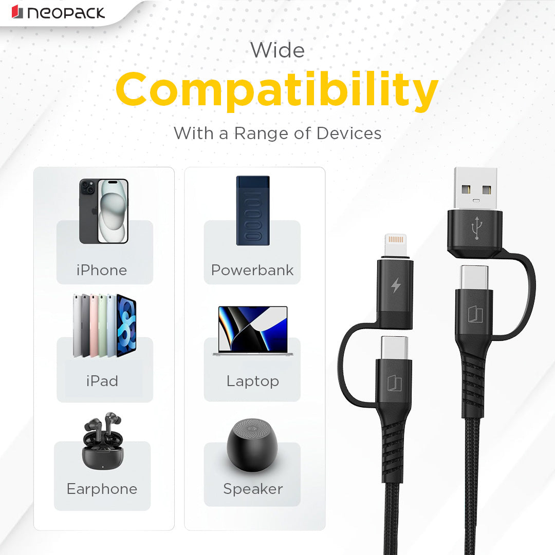 Almighty Magnetic Cable with 4 IN 1 Connectors 60W for Smartphones, Tablets, Macbooks, Laptops & More (1.5M, Black)