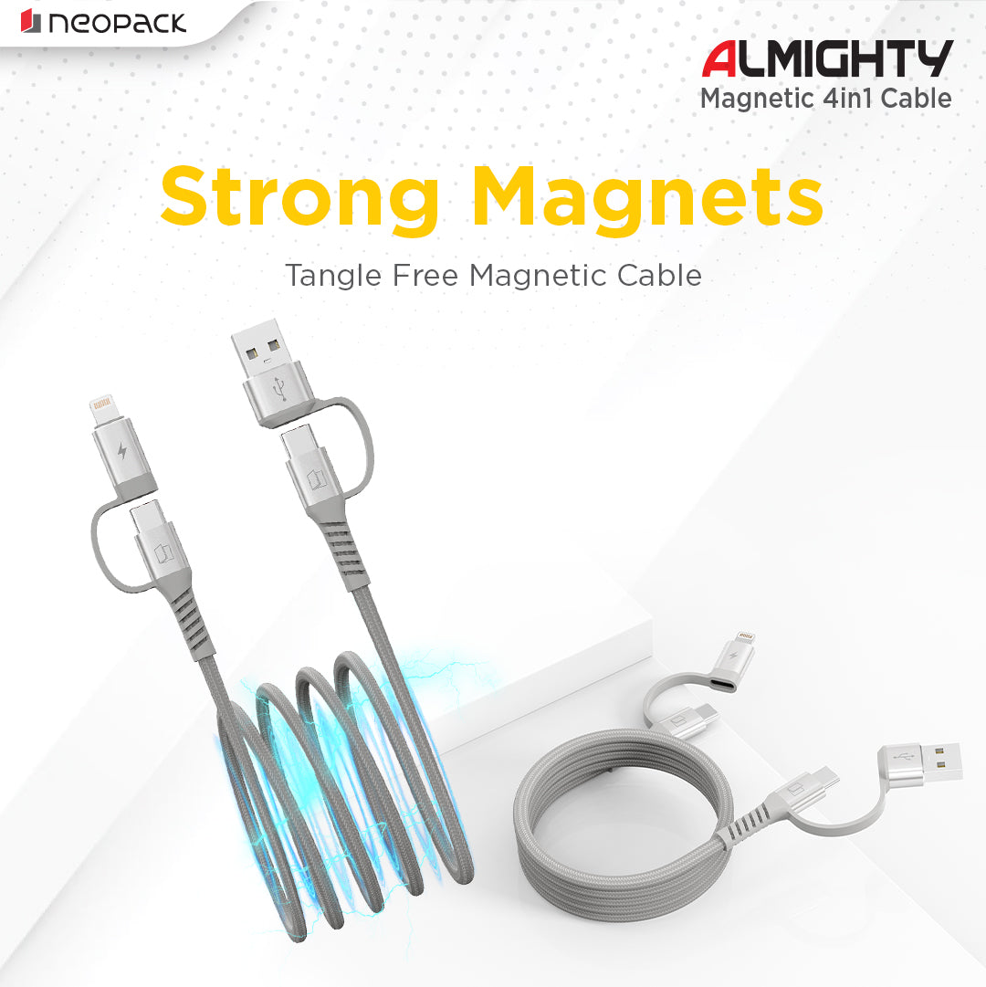 Almighty Magnetic Cable with 4 IN 1 Connectors 60W for Smartphones, Tablets, Macbooks, Laptops & More (1.5M, Grey)