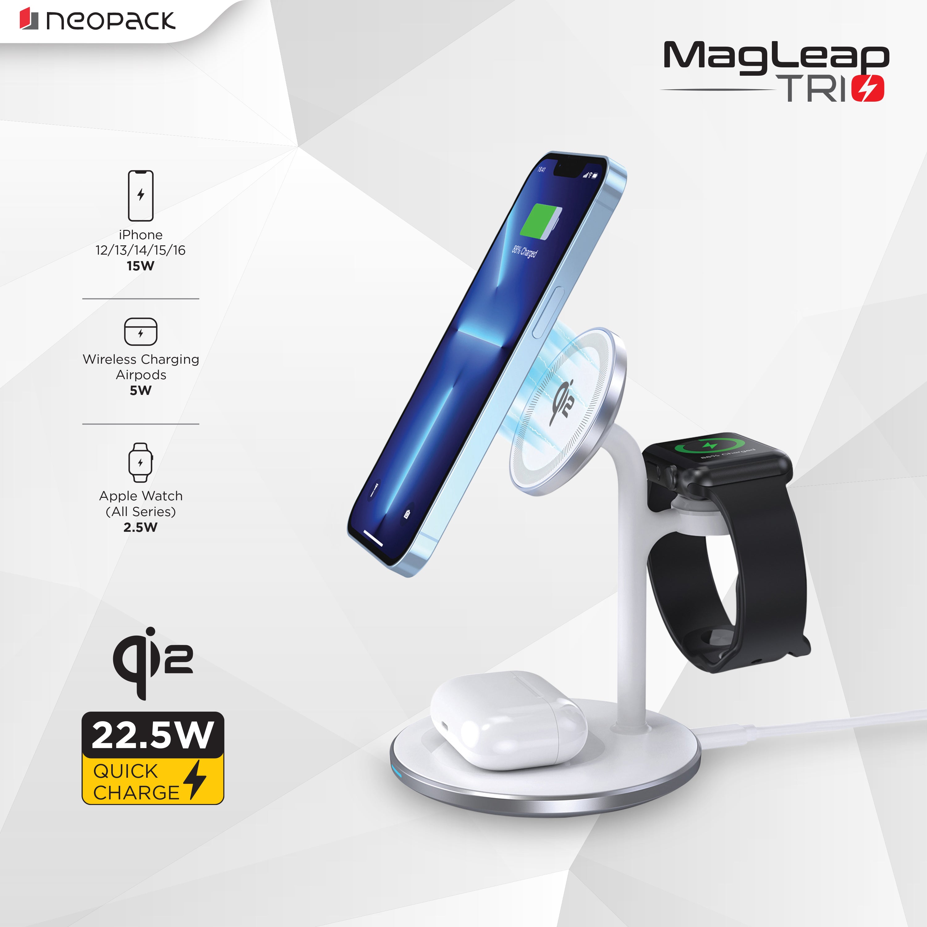 Magleap Trio 3 IN 1 Wireless Charging Stand 22.5W Compatible With iPhone, Apple Watch & Airpod (Silver)