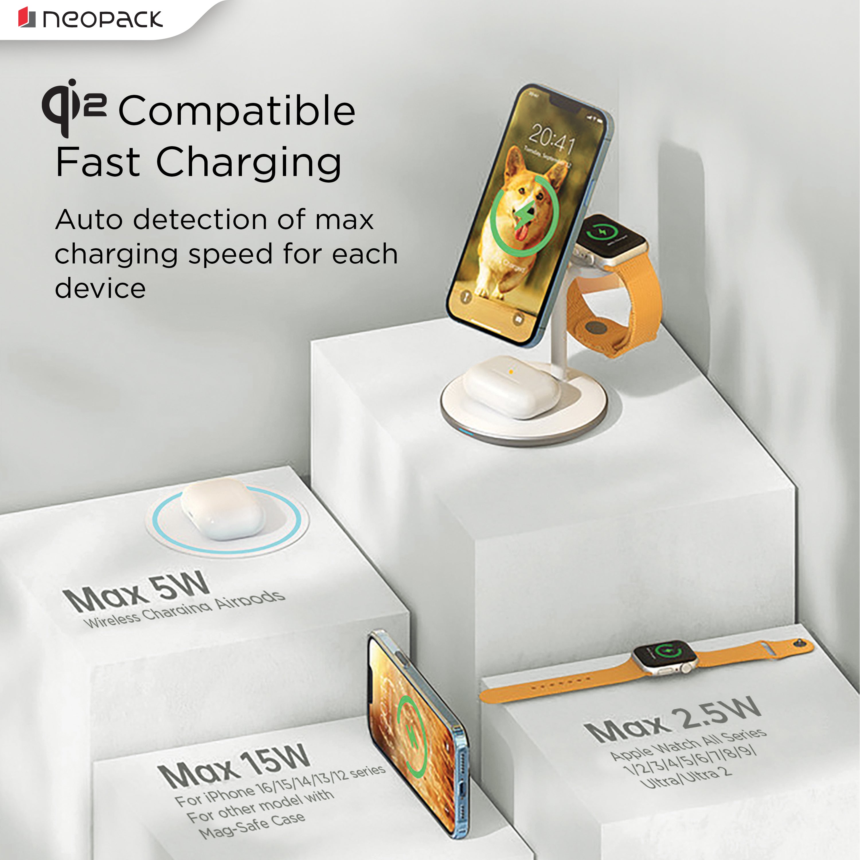Magleap Trio 3 IN 1 Wireless Charging Stand 22.5W Compatible With iPhone, Apple Watch & Airpod (Silver)