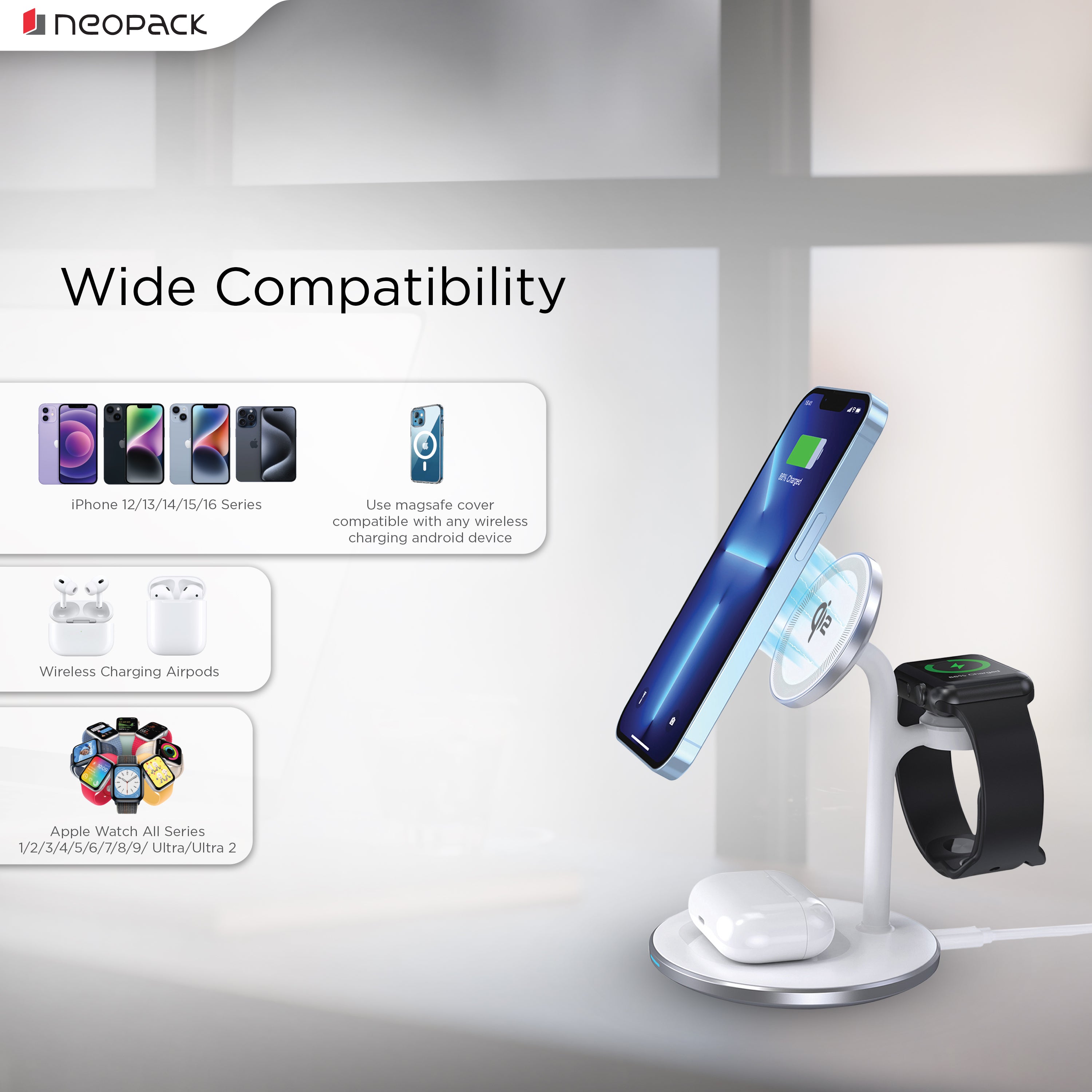 Magleap Trio 3 IN 1 Wireless Charging Stand 22.5W Compatible With iPhone, Apple Watch & Airpod (Silver)