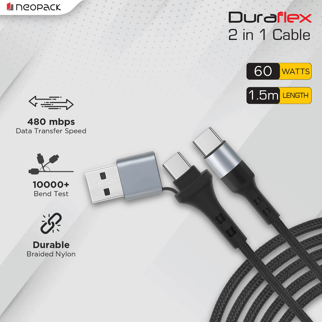 Duraflex 60W 2 IN 1 USB & USB-C To C Unbreakable Nylon Braided Charing Cable (1.5 Mtr, Black)
