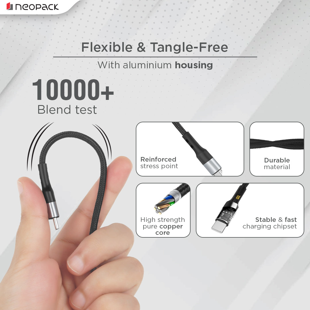Duraflex 60W 2 IN 1 USB & USB-C To C Unbreakable Nylon Braided Charing Cable (1.5 Mtr, Black)