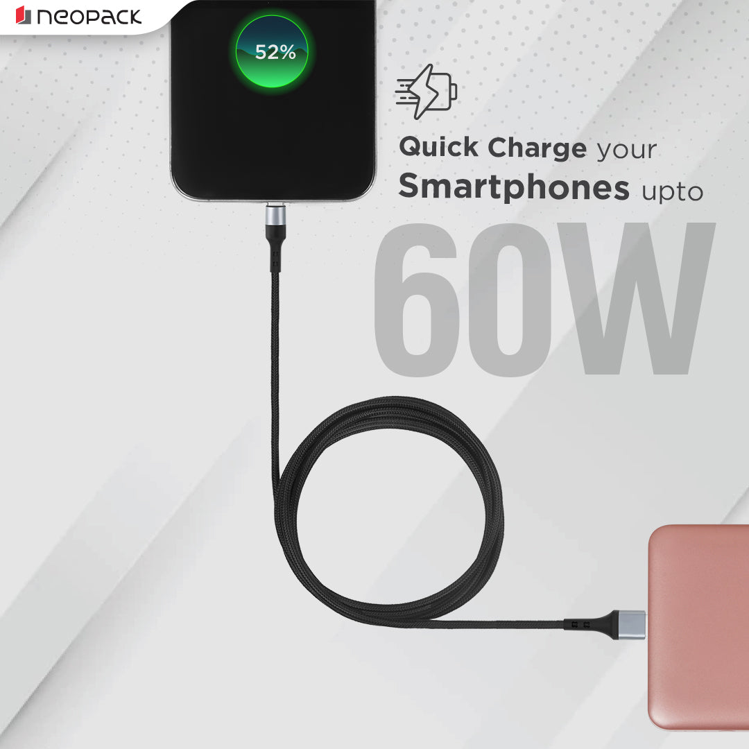 Duraflex 60W 2 IN 1 USB & USB-C To C Unbreakable Nylon Braided Charing Cable (1.5 Mtr, Black)