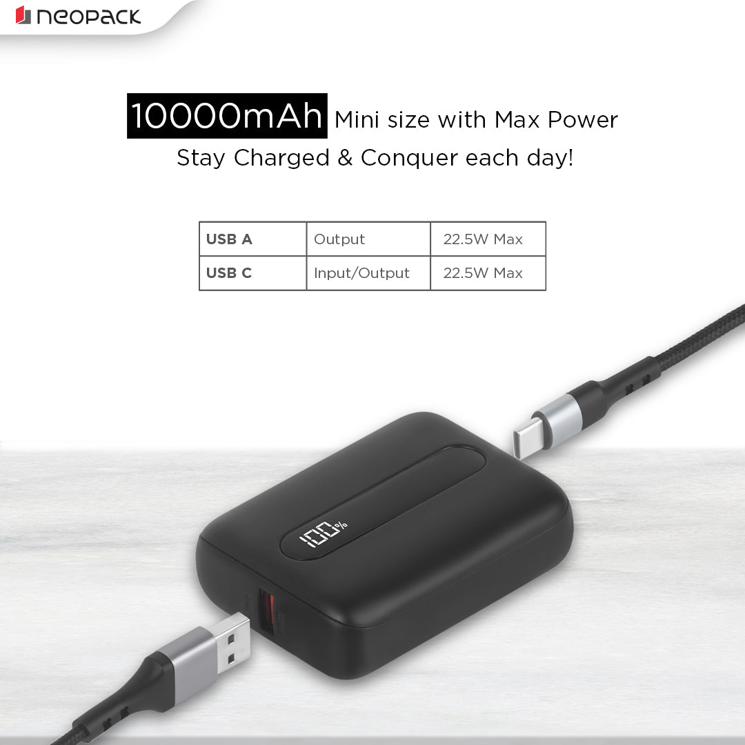 Atom 10000 mAH Power Bank with USB-A & USB-C @ 22.5W Dual Port Fast Charging Outputs (Black)