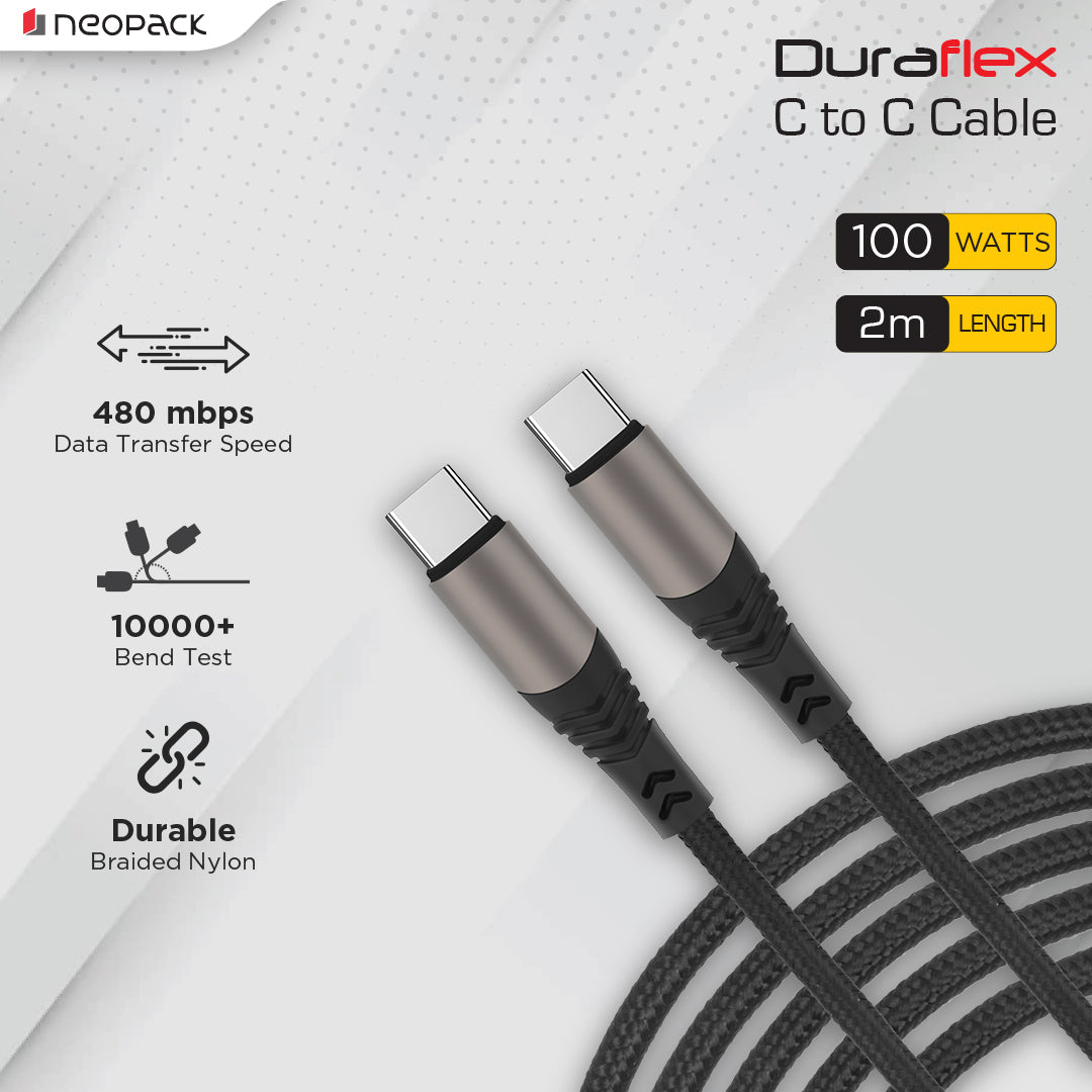Duraflex 100W Type C to C Unbreakable Nylon Braided Charing Cable (2 Mtr, Black)