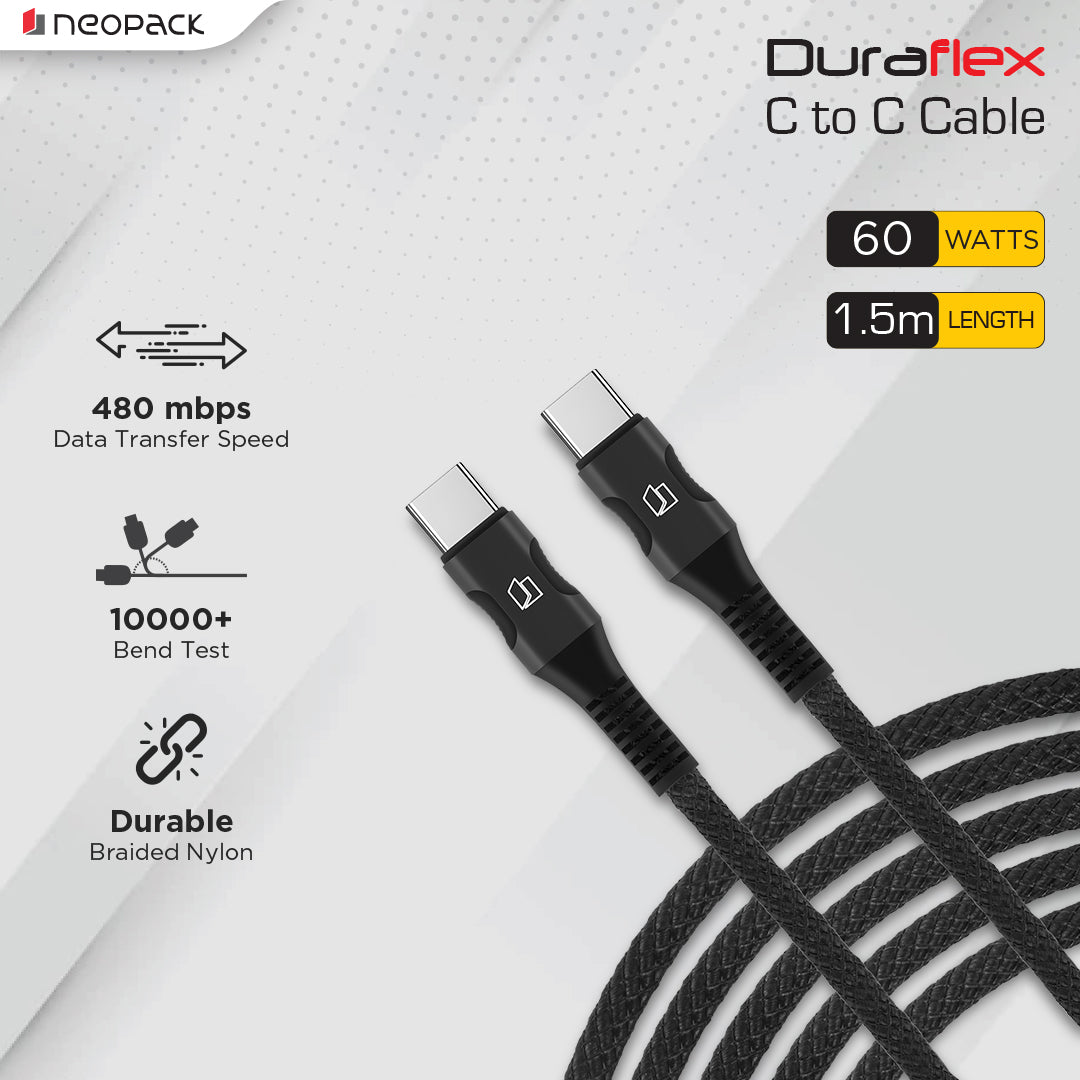 Duraflex 60W Type C to C Unbreakable Nylon Braided Charing Cable (1.5 Mtr, Black)