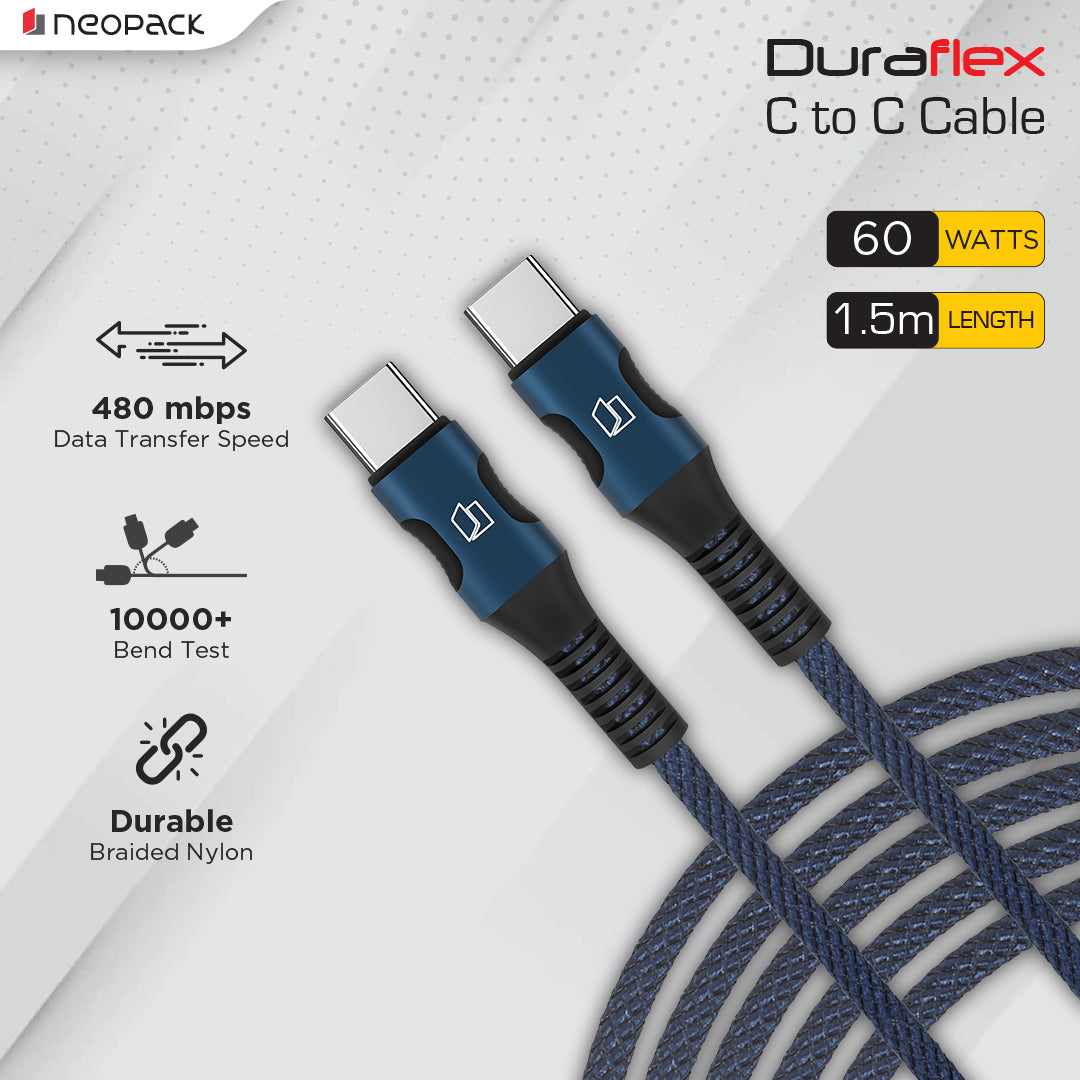 Duraflex 60W Type C to C Unbreakable Nylon Braided Charing Cable (1.5 Mtr, Blue)