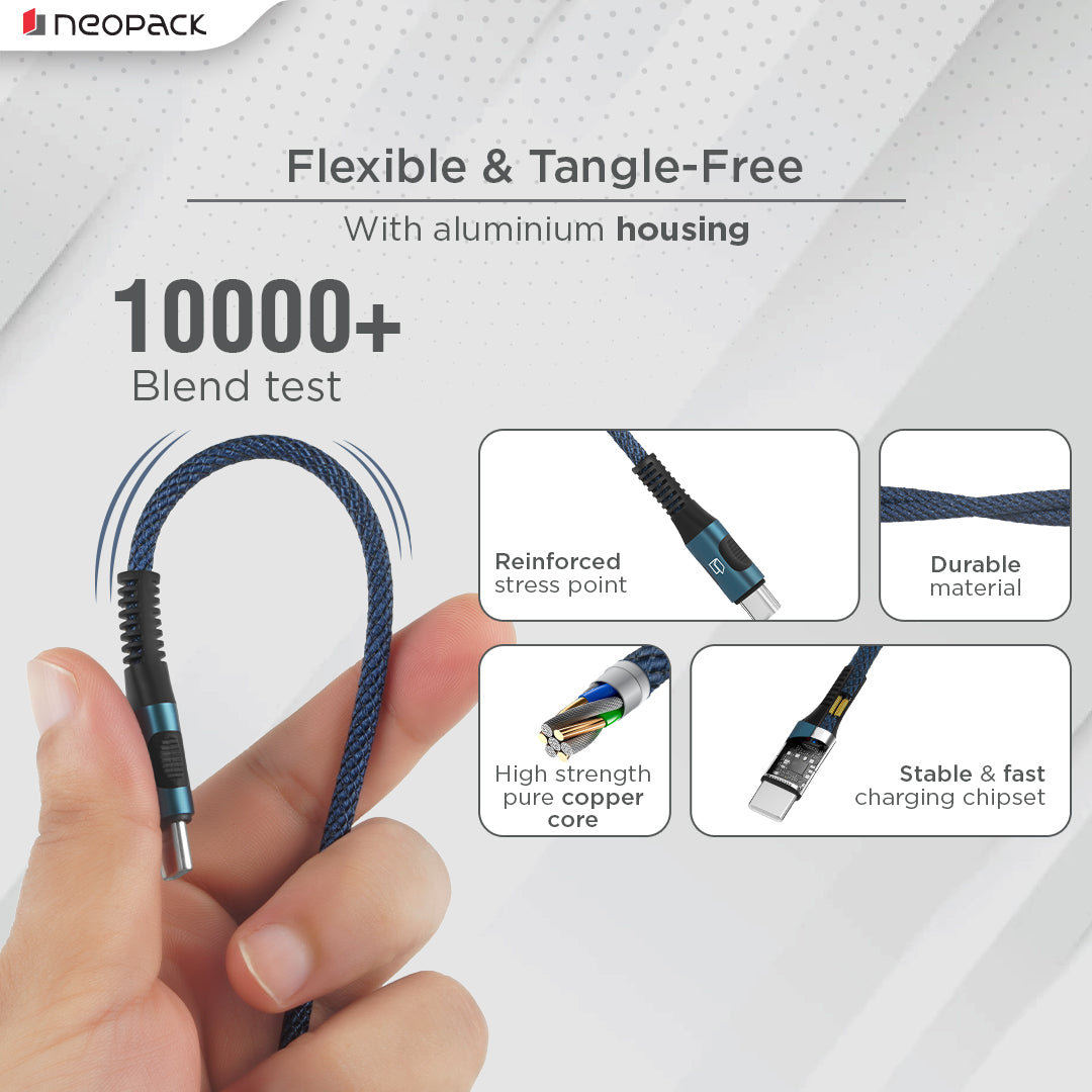 Duraflex 60W Type C to C Unbreakable Nylon Braided Charing Cable (1.5 Mtr, Blue)