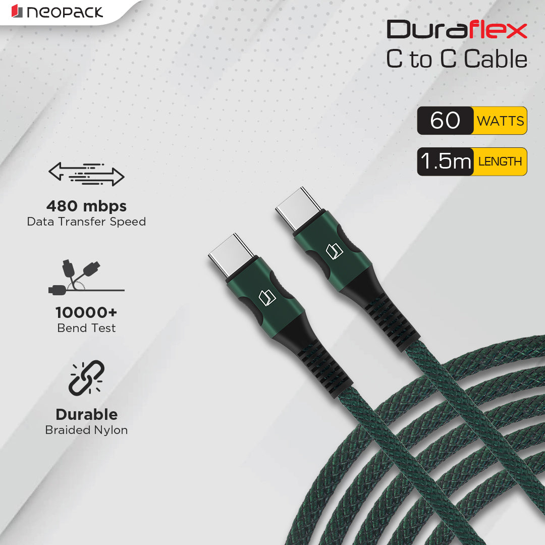 Duraflex 60W Type C to C Unbreakable Nylon Braided Charing Cable (1.5 Mtr, Green)