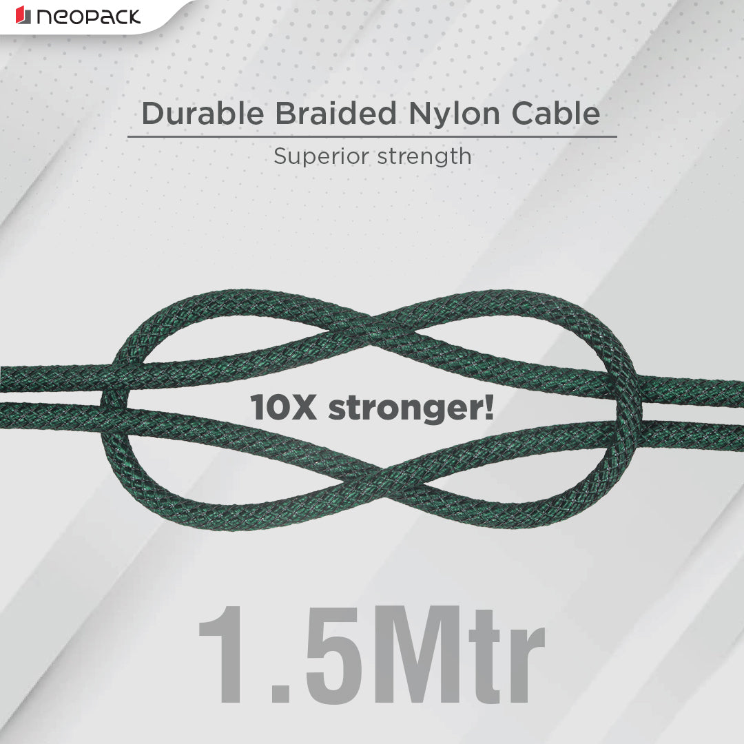 Duraflex 60W Type C to C Unbreakable Nylon Braided Charing Cable (1.5 Mtr, Green)