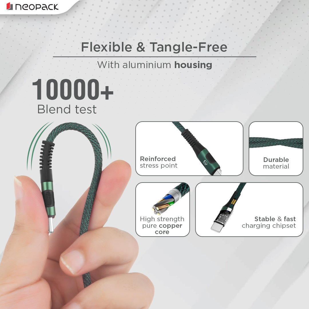Duraflex 60W Type C to C Unbreakable Nylon Braided Charing Cable (1.5 Mtr, Green)