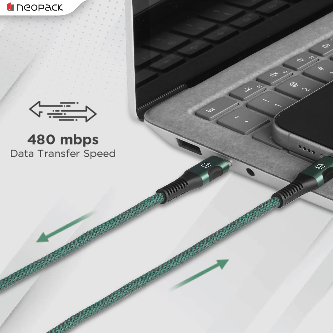 Duraflex 60W Type C to C Unbreakable Nylon Braided Charing Cable (1.5 Mtr, Green)