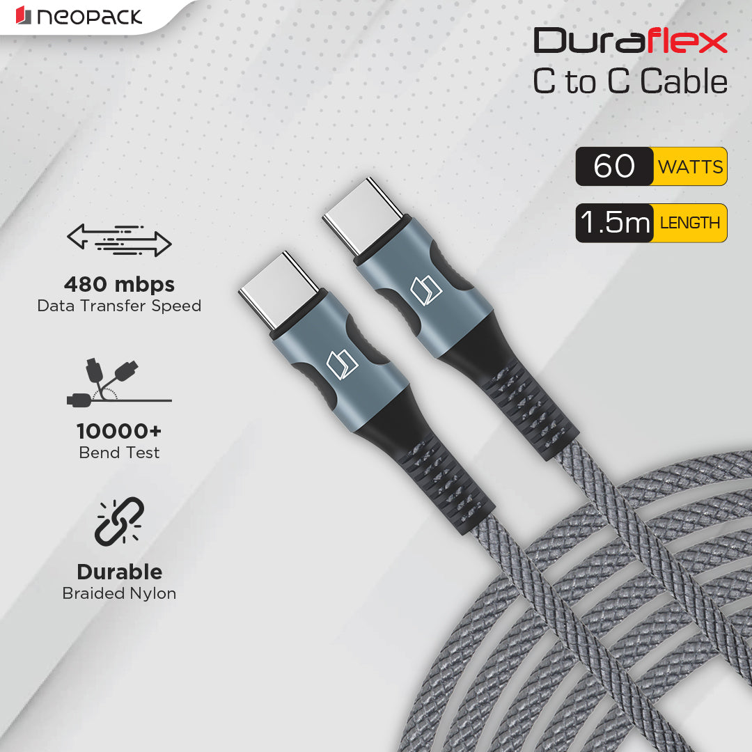 Duraflex 60W Type C to C Unbreakable Nylon Braided Charing Cable (1.5 Mtr, Space Grey)