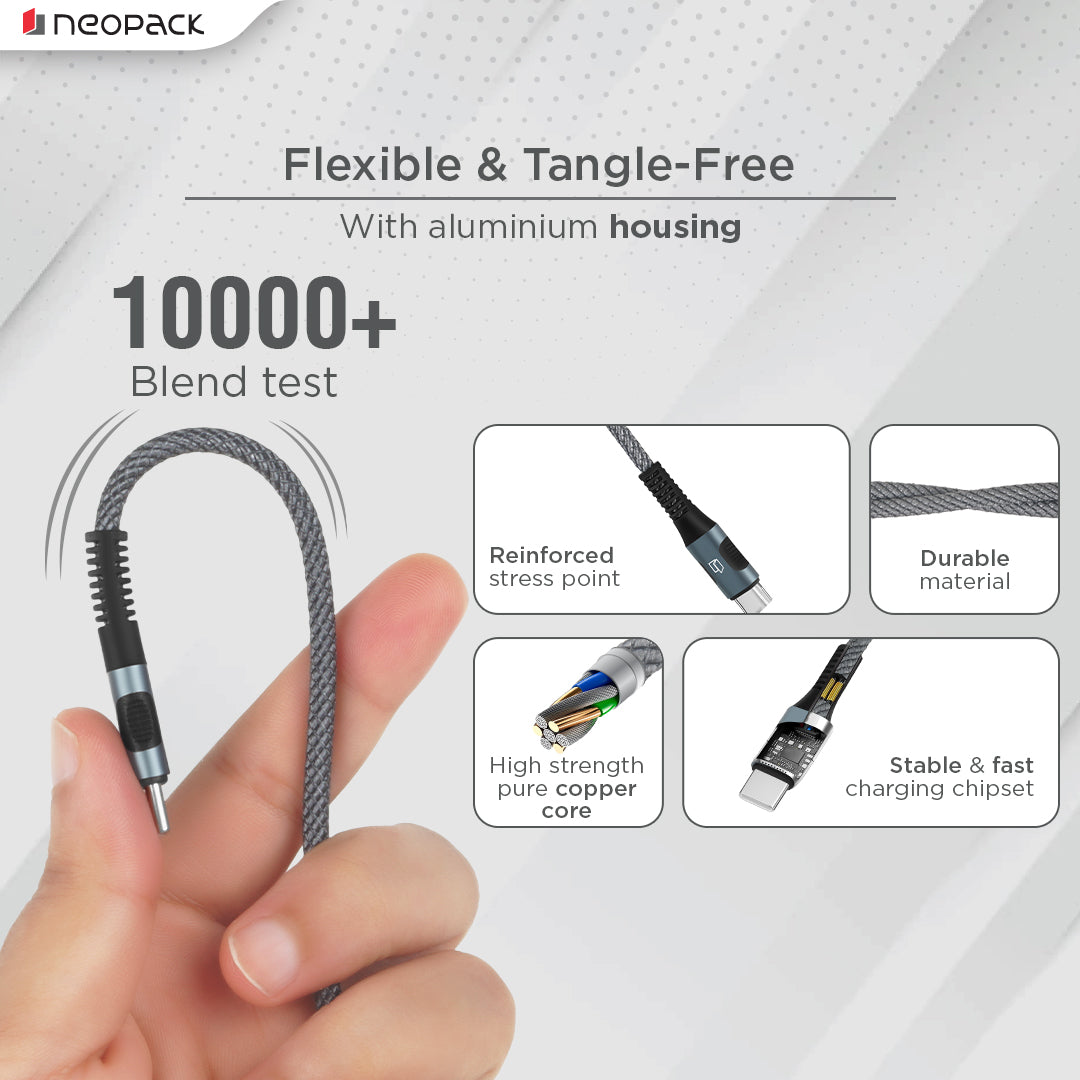 Duraflex 60W Type C to C Unbreakable Nylon Braided Charing Cable (1.5 Mtr, Space Grey)