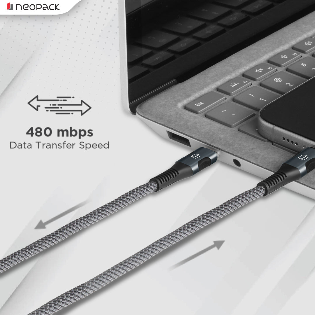 Duraflex 60W Type C to C Unbreakable Nylon Braided Charing Cable (1.5 Mtr, Space Grey)