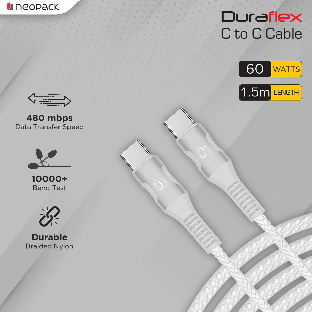 Duraflex 60W Type C to C Unbreakable Nylon Braided Charing Cable (1.5 Mtr, White)
