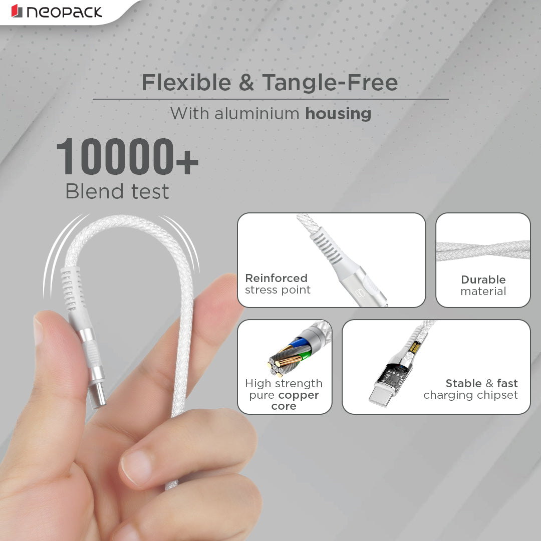 Duraflex 60W Type C to C Unbreakable Nylon Braided Charing Cable (1.5 Mtr, White)