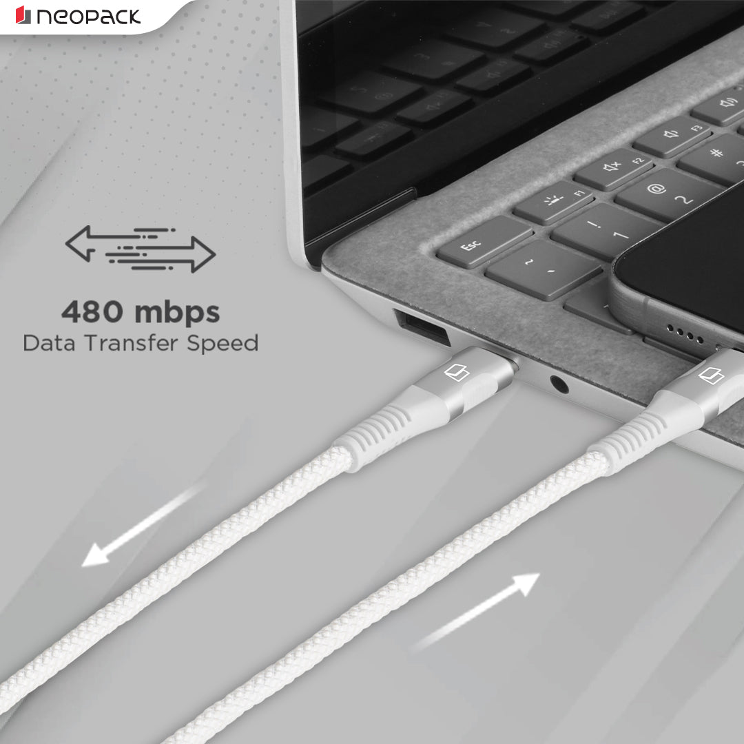 Duraflex 60W Type C to C Unbreakable Nylon Braided Charing Cable (1.5 Mtr, White)