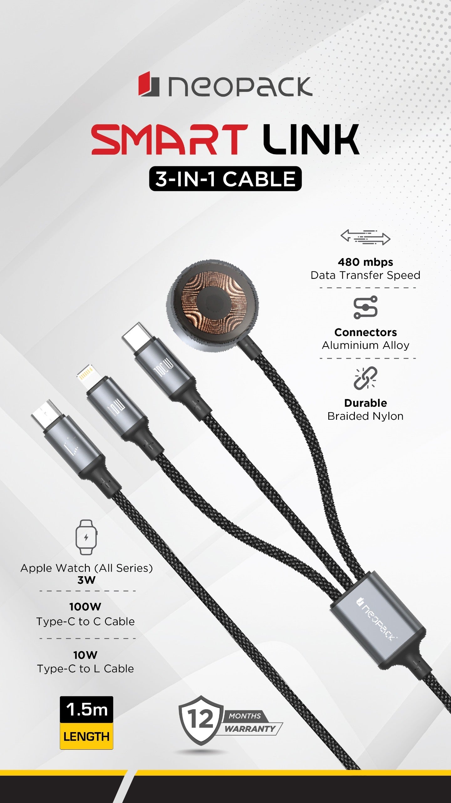 Smart Link 3IN1 Cable with USB-C, Lightning and Watch Connectors 100W Compatible with All Smartphones, iPhones, Tablets, USB-C Enabled Devices and Apple Watch (Black)