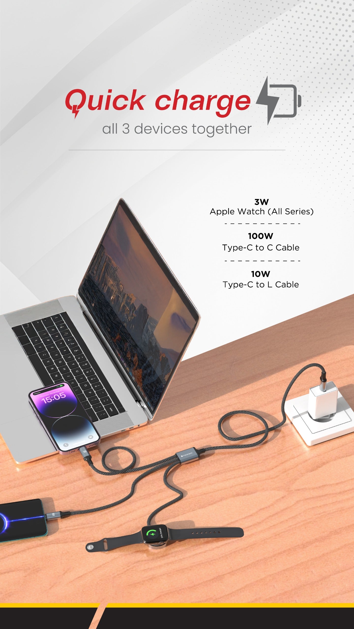 Smart Link 3IN1 Cable with USB-C, Lightning and Watch Connectors 100W Compatible with All Smartphones, iPhones, Tablets, USB-C Enabled Devices and Apple Watch (Black)