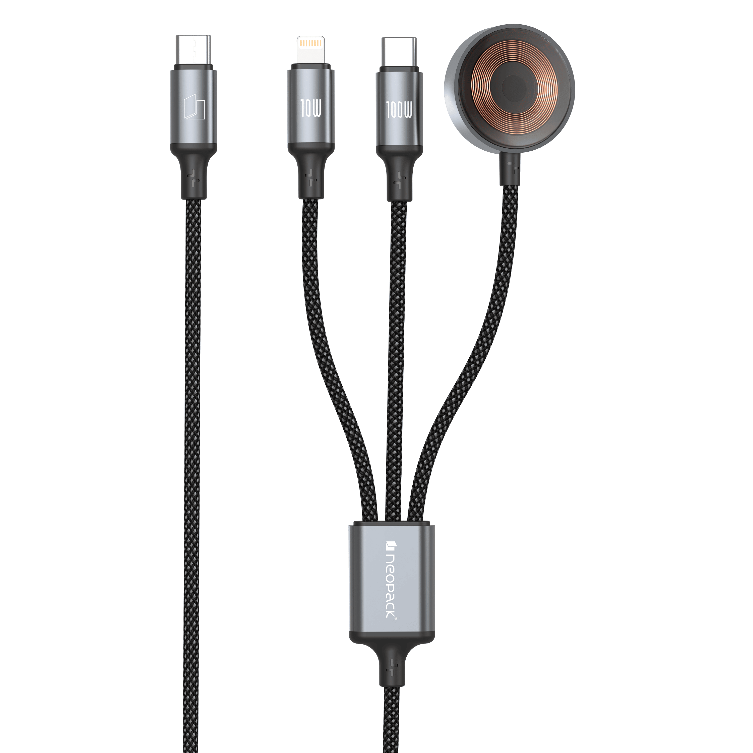 Smart Link 3IN1 Cable with USB-C, Lightning and Watch Connectors 100W Compatible with All Smartphones, iPhones, Tablets, USB-C Enabled Devices and Apple Watch (Black)
