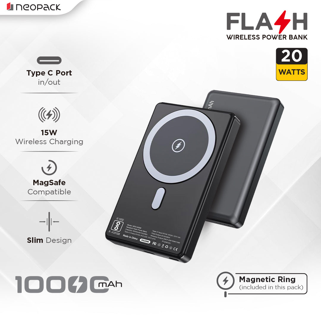 Flash MagSafe Power Bank 10000 mAh with Compatible Wireless Charging @ 15W & Type C @ 20W (Black)