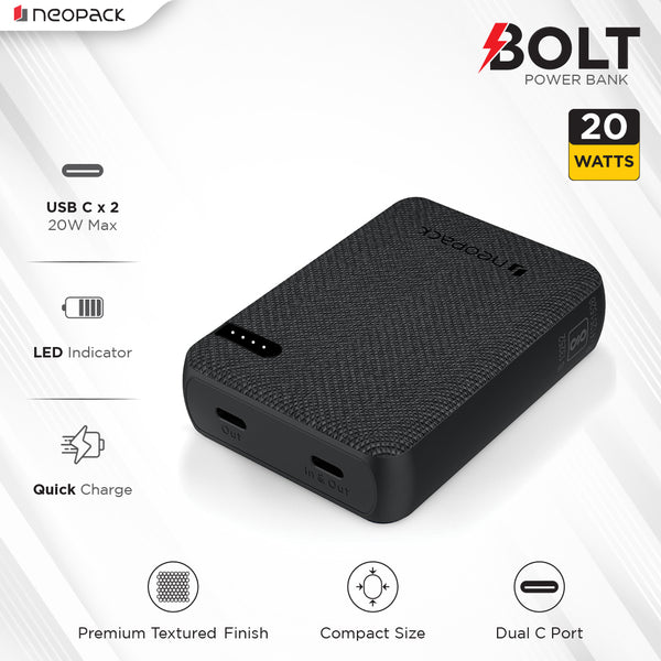 Bolt 10000 mAH Power Bank with Dual USBC Port 20W Fast Charging Out