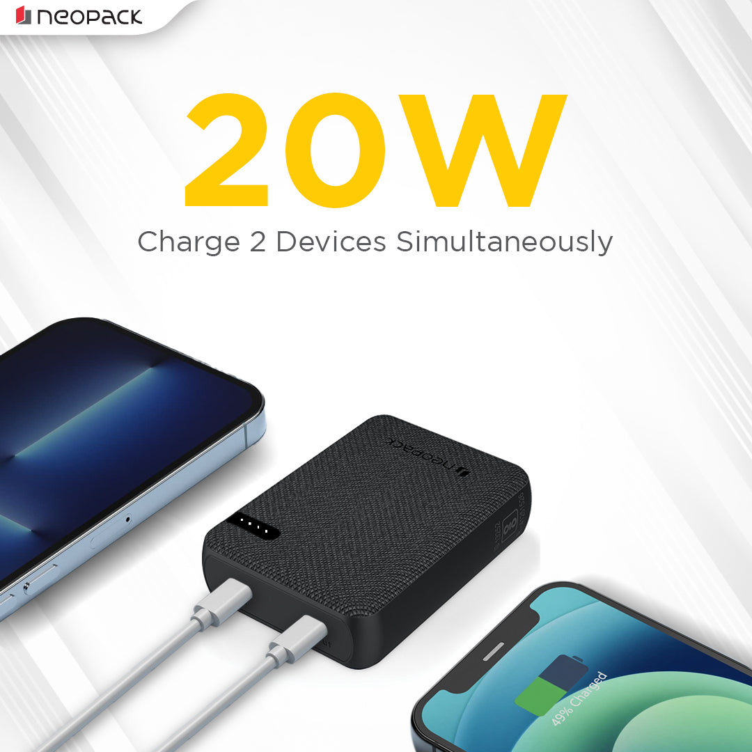 Bolt 10000 mAH Power Bank with Dual USB-C Port @ 20W Fast Charging Outputs (Black)