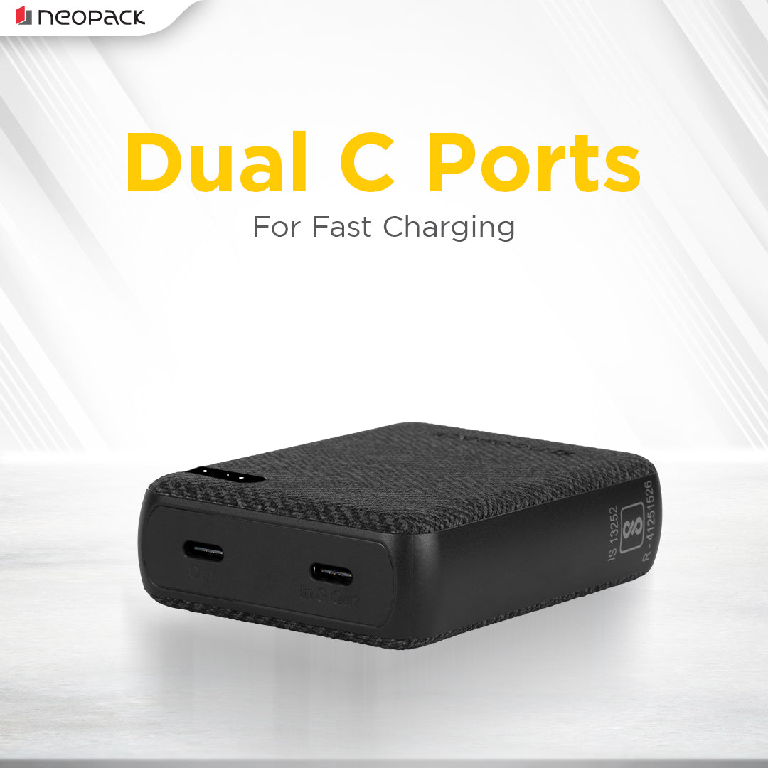 Bolt 10000 mAH Power Bank with Dual USB-C Port @ 20W Fast Charging Outputs (Black)