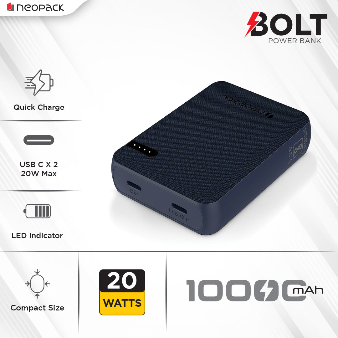 Bolt 10000 mAH Power Bank with Dual USB-C Port @ 20W Fast Charging Outputs (Navy Blue)