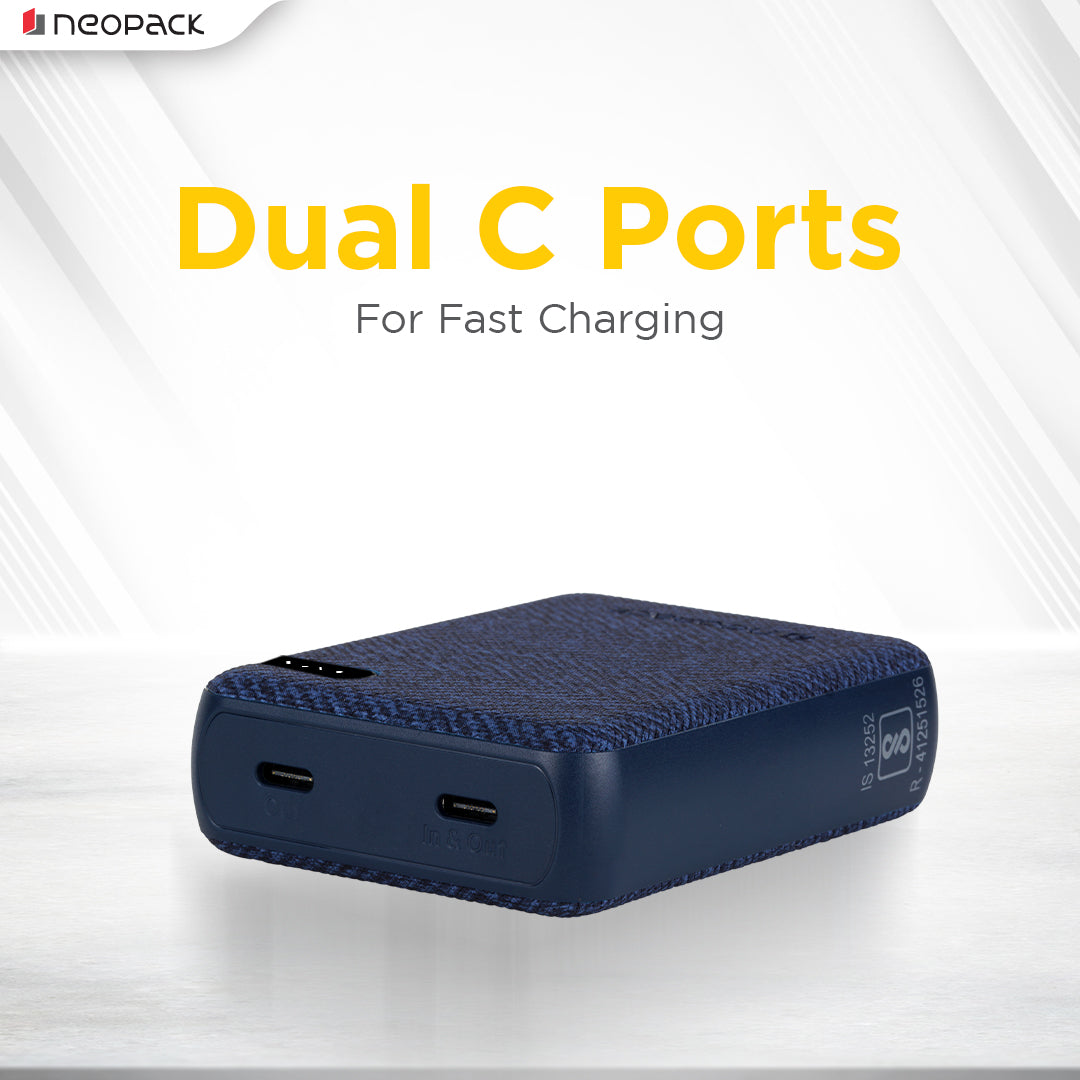 Bolt 10000 mAH Power Bank with Dual USB-C Port @ 20W Fast Charging Outputs (Navy Blue)