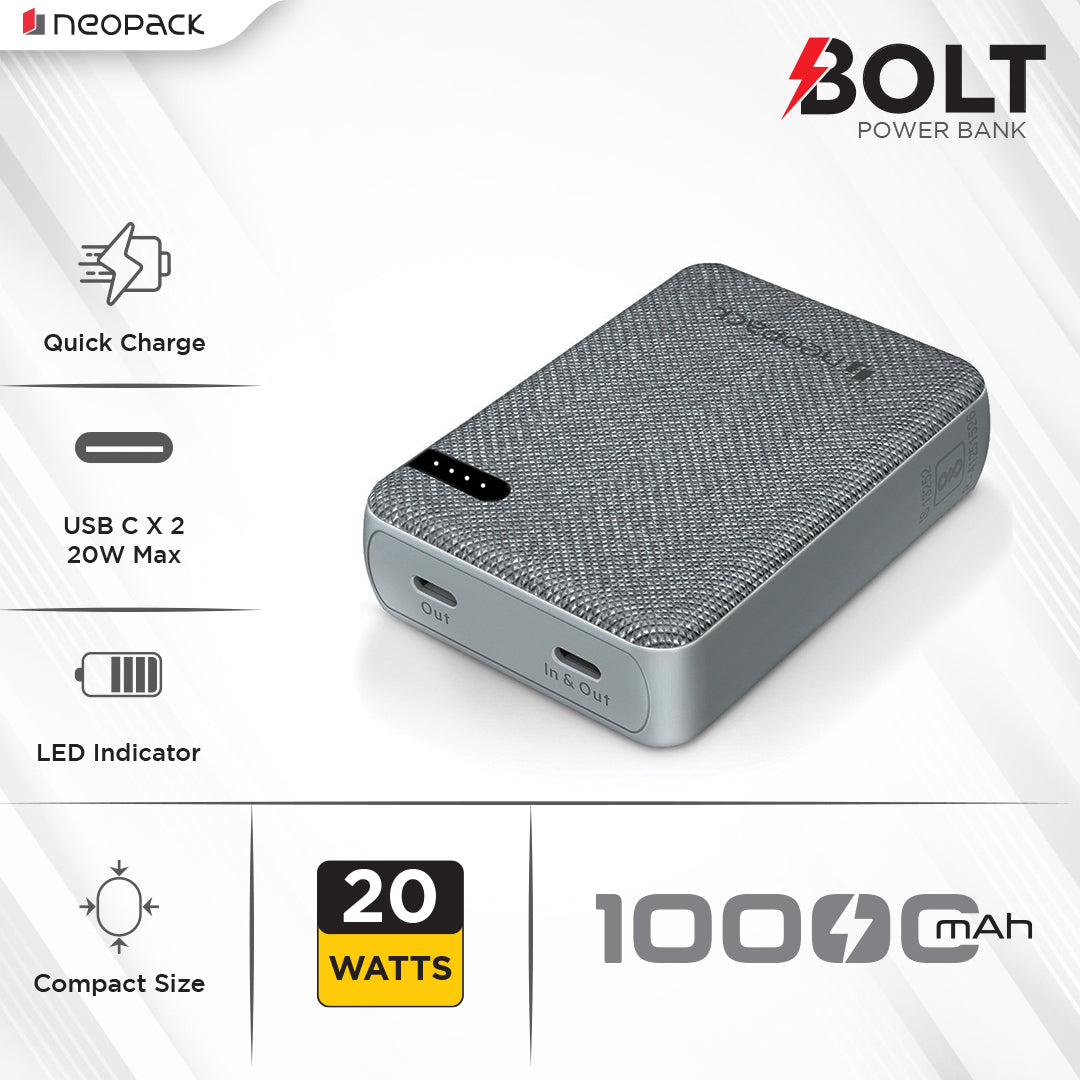 Bolt 10000 mAH Power Bank with Dual USB-C Port @ 20W Fast Charging Outputs (Grey)