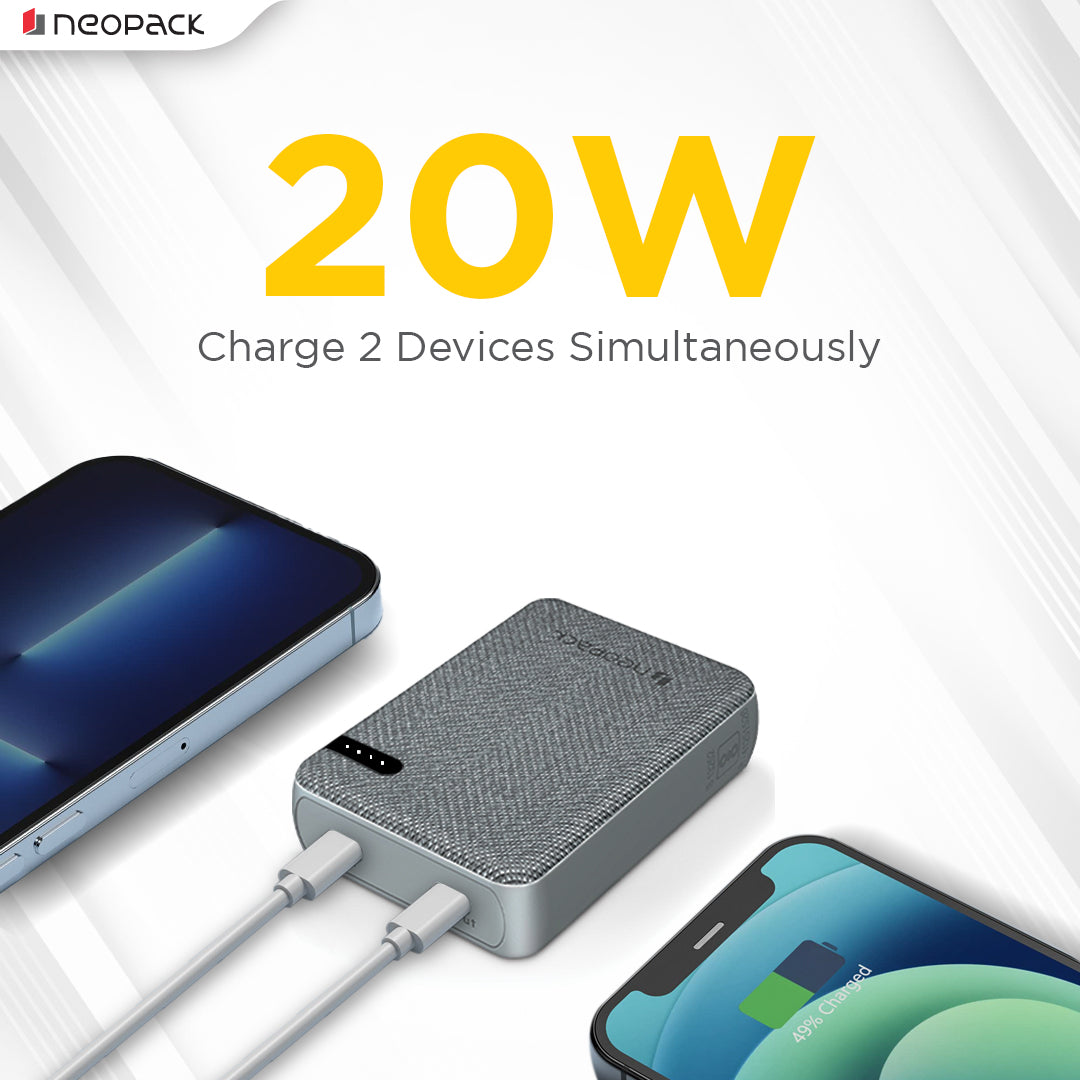 Bolt 10000 mAH Power Bank with Dual USB-C Port @ 20W Fast Charging Outputs (Grey)