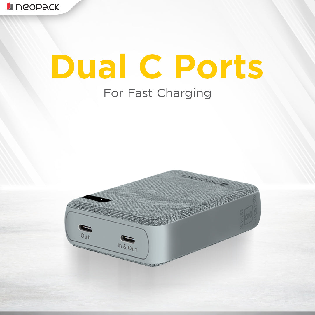 Bolt 10000 mAH Power Bank with Dual USB-C Port @ 20W Fast Charging Outputs (Grey)