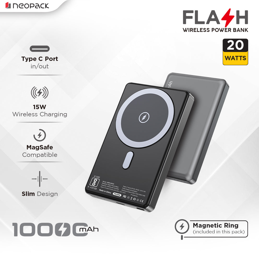 Flash MagSafe Power Bank 10000 mAh with Compatible Wireless Charging @ 15W & Type C @ 20W (Space Grey)