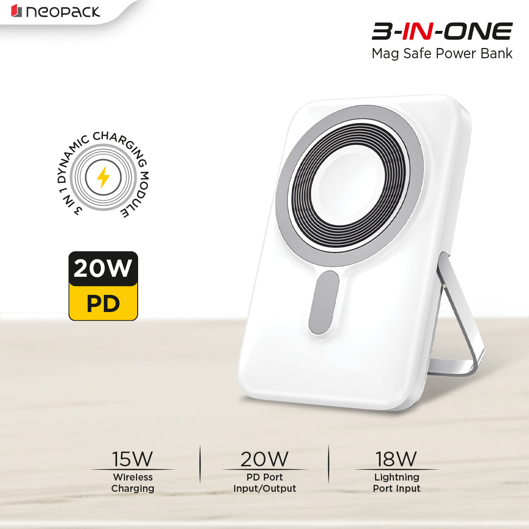 3 IN 1 MagSafe Power Bank 10000 mAh with Support Wireless Charging @ 15W & Type-C PD @ 20W, Compatible with iPhone 15 / 14 / 13 / 12 Series, Apple Watch, Airpods (White)