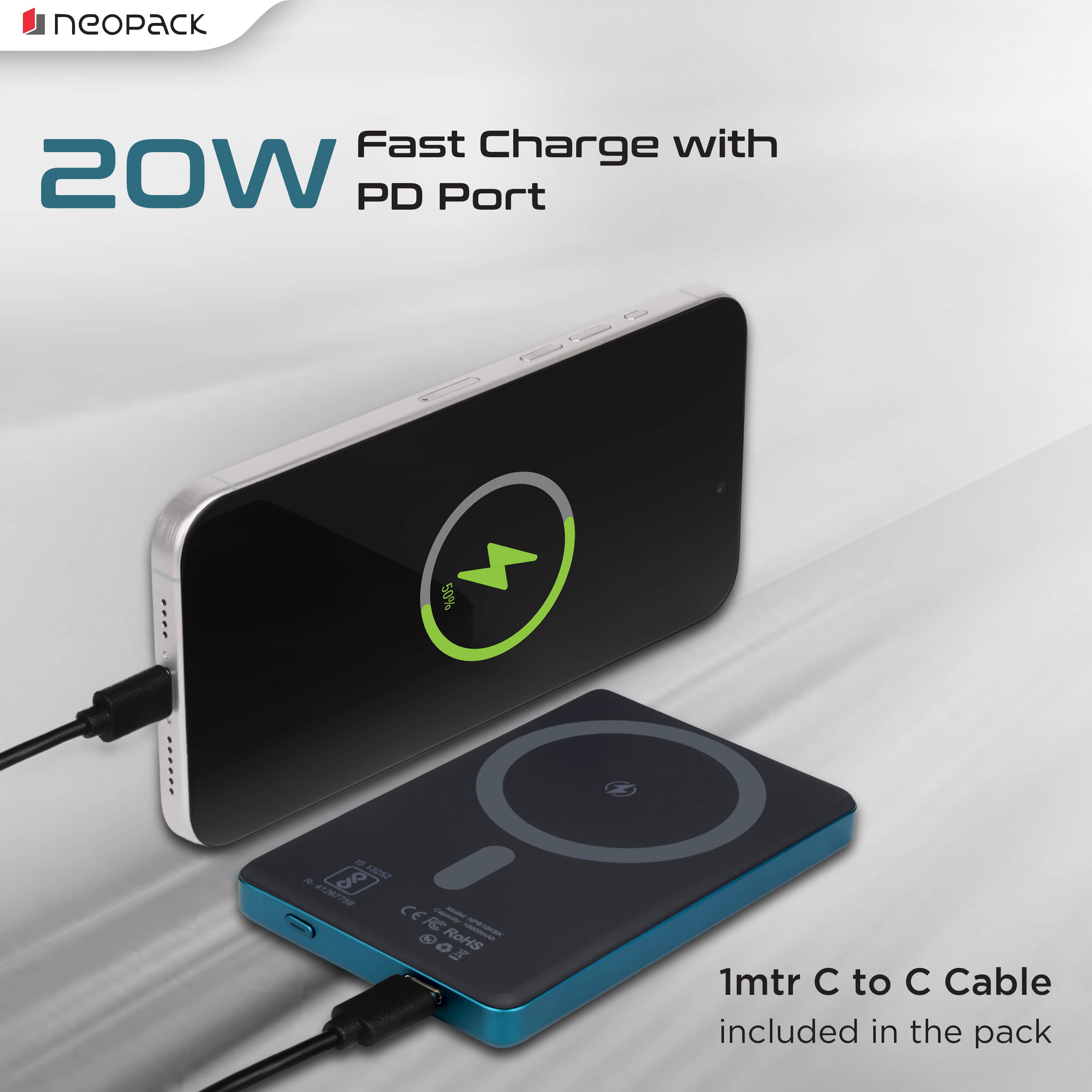 Velocity Magnetic Power Bank 10000 mAh with MagSafe Compatible Wireless Charging @ 15W & Type C @ 20W (Blue)