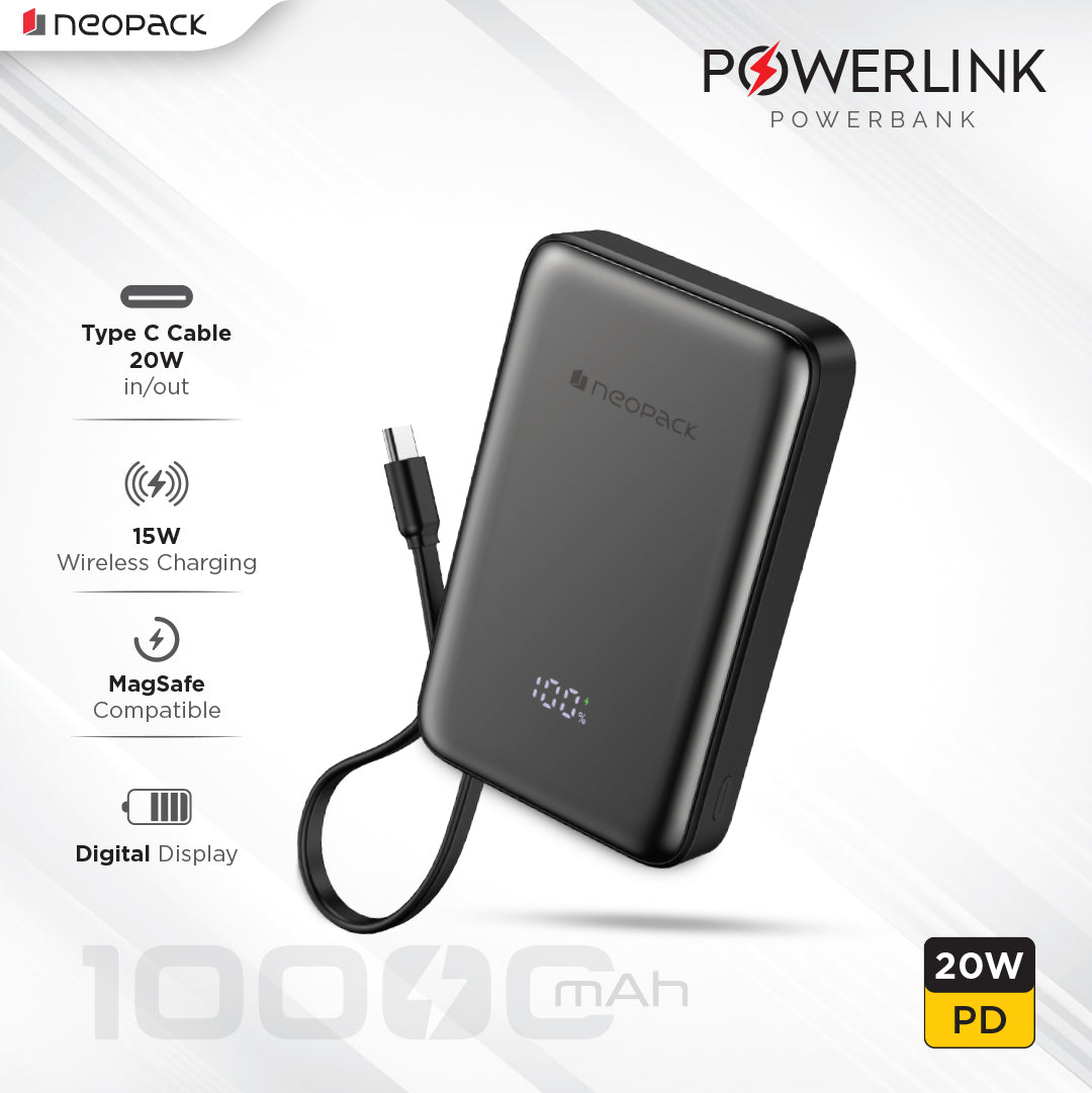 Powerline Digital Display Magnetic Power Bank 10000 mHA with Magsafe Wireless Charging Support @ 15W & Type C @ 20W PD (Black)
