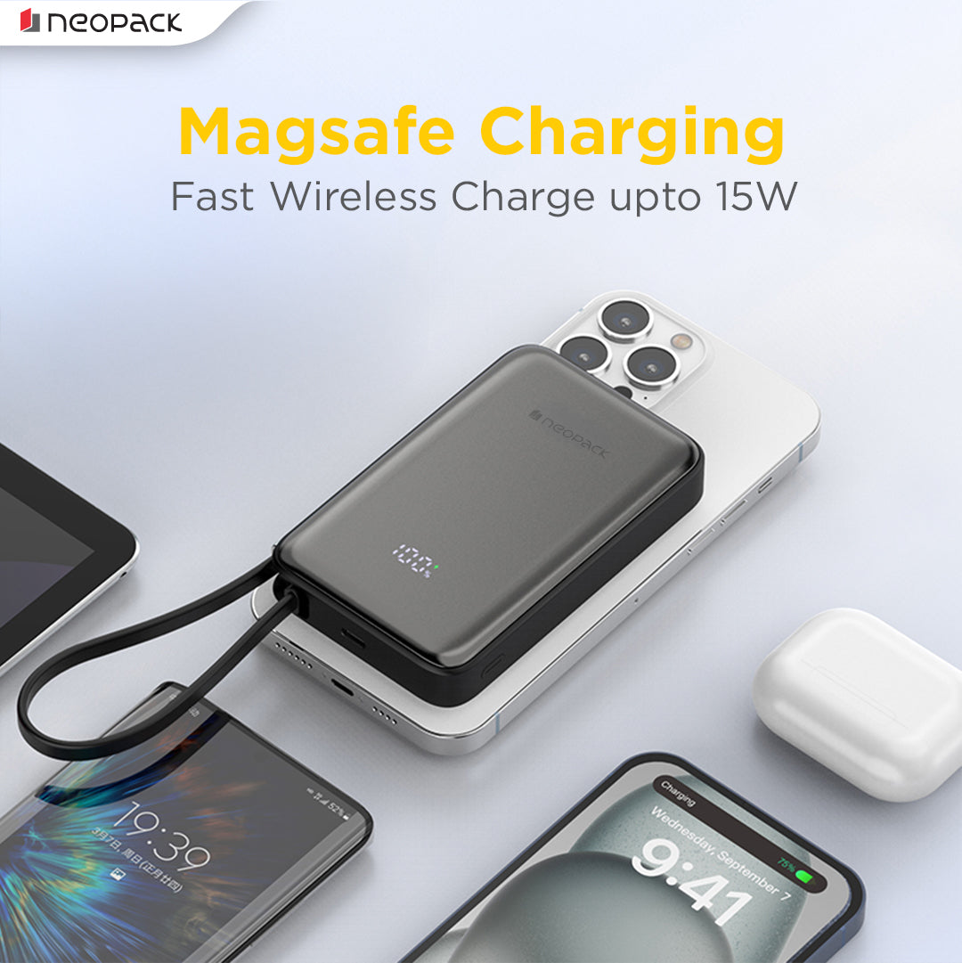 Powerline Digital Display Magnetic Power Bank 10000 mHA with Magsafe Wireless Charging Support @ 15W & Type C @ 20W PD (Black)