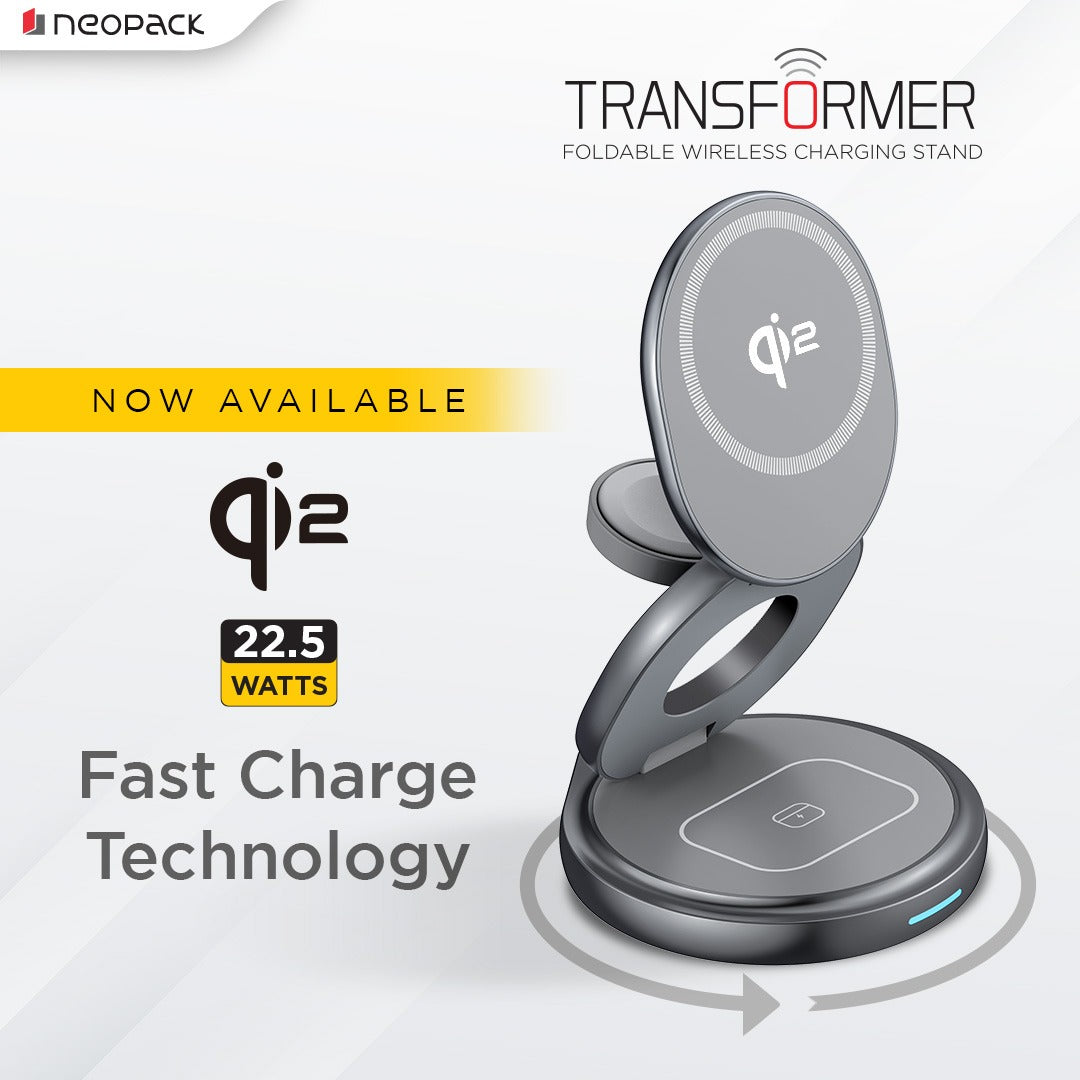 Transformer 3IN1 Wireless Charger Qi2 22.5W Compatible with iPhone, Apple Watch & Airpod (Grey)