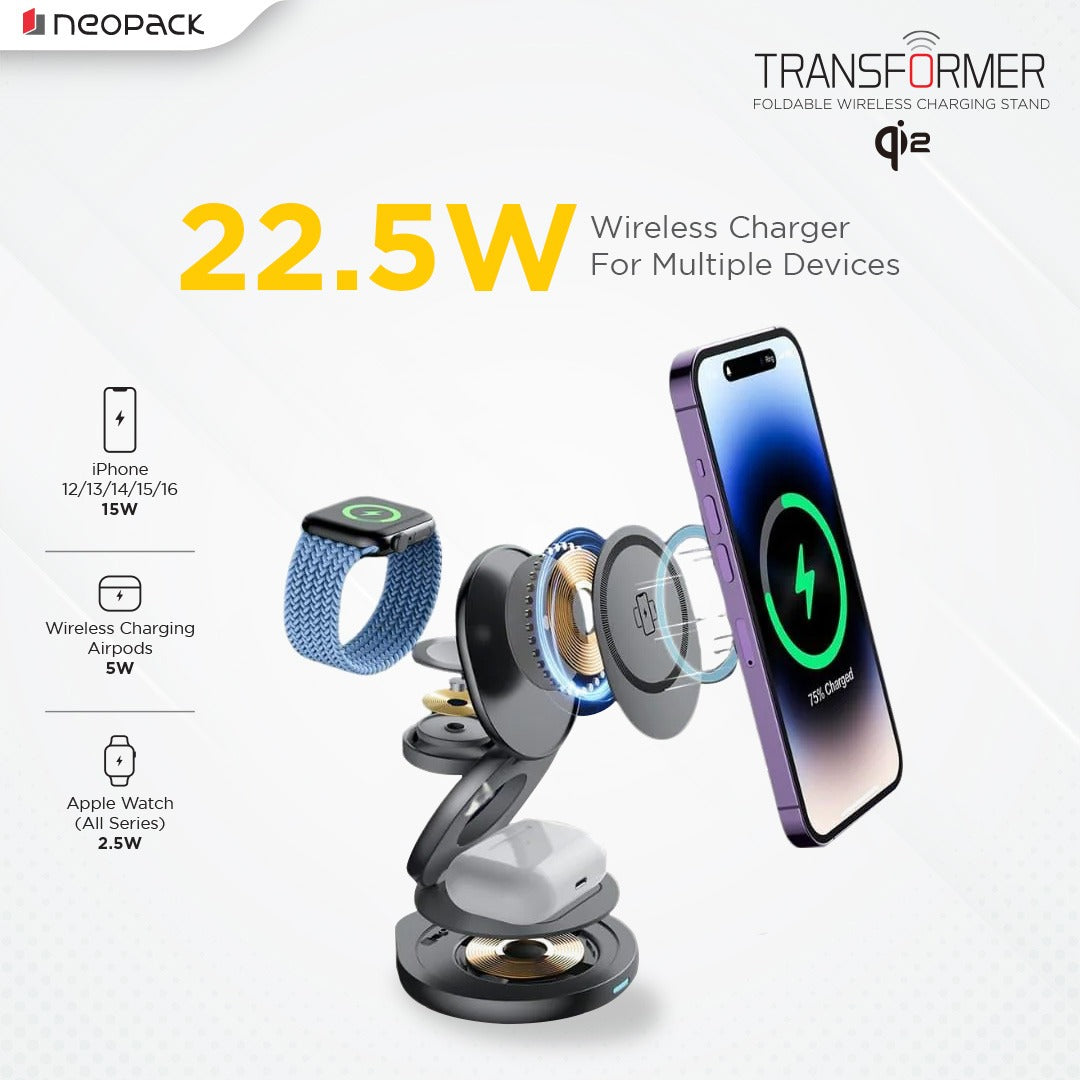 Transformer 3IN1 Wireless Charger Qi2 22.5W Compatible with iPhone, Apple Watch & Airpod (Grey)