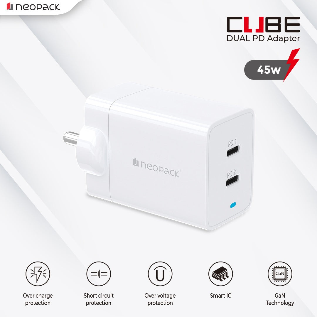 Power Cube 45W Dual Port PD USB C Charger for All Mobile Phones & Tablets (White)